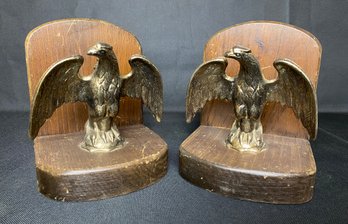 Wooden Bookends With Brass Eagle Figurines