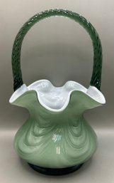 Fenton Green & White Overlay Case Drape W/ Swirl Handle Glass Basket