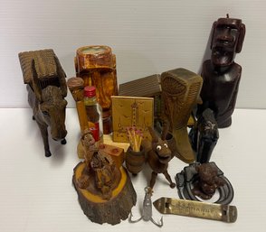 Chilean Bar Lot With Wooden Carvings, Trinkets, Donkey Cigarette Dispenser, Tiki Mug & More