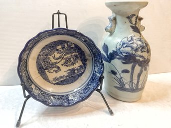 Blue And White Transfer Dish With Bunnies And Vintage Vase