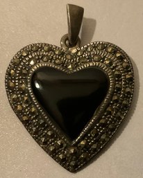 Sterling Silver, Black Onyx & Marcasite Heart Pendant.