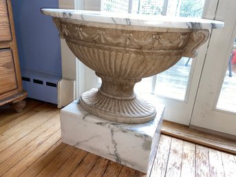 Cement Urn With Marble Top And Base Lot 2 30x18x26 Side / End Table