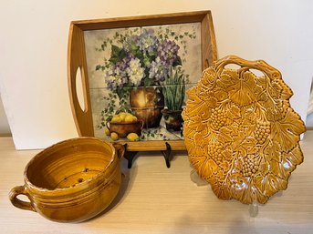 Majolica Serving Plate, Antique Ceramic Veggie Or Fruit Strainer, Signed, Hand Painted Tray