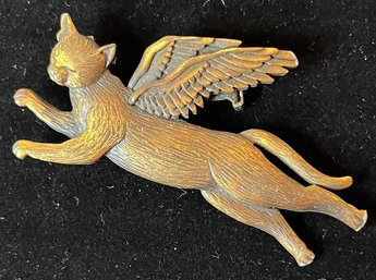 Vintage Angel Cat With Wings - Flying Kitty - Brooch Pin - JJ Jonette Jewelry - Antiqued Brass - OTRB