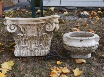 Pair Of White Painted Terracotta Roman Style Garden Decor With Metal Scroll Plant Hook