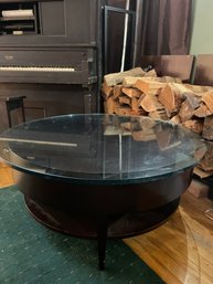 Vintage 1970s Round Wood Coffee Table With Glass Top 40' Diameter X 18' H