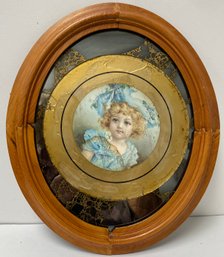 Vintage Antique Combined Craft Piece - Oval Gold Effect Mirror W/ Victorian Flue Cover Print Under Glass