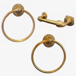 A 3-Piece Sherle Wagner Bath Accessory - Gold Tone - 2 Towel Rings And A Roll Holder