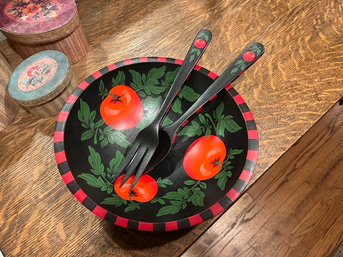 Sherwood Forest Hand Painted Pine Salad Bowl & Utensils