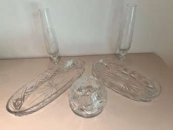 Lead Crystal Lot, With Matching Pair Of Etched Tall Bud Vases