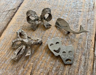 4 Vintage Silver Tone Brooches