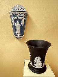 Pale Blue Wall Pocket, With Black And White Vase, Wedgwood, Jasperware