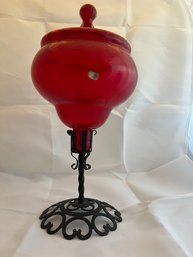 Red Glass Tall Covered CANDU With Wrought Iron Base