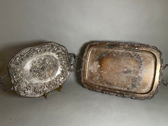 Two Large Intricate Serving Trays, Metal & Oneida Silverplate