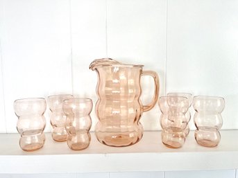 Vintage Pink Glass Pitcher & 6 Glasses