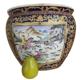 Large Fine Vintage Chinoiserie Hunting Scene Porcelain Garden Pot  14' X 12'
