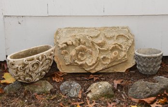 Venetian Bas Relief Sculptural Garden Wall Hanging With (2) White Painted Terracotta Planters