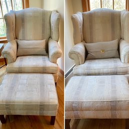 Pair Of Ethan Allen Upholstered Wingback Chairs With Ottomans