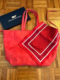 Lord & Taylor Red Tote Bag, With Vineyard Vines Silk Scarf