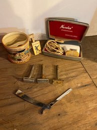 Antique Barber Shaving Lot With Mustache Mug