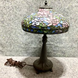 Art Nouveau Style Stain Glass Lamp Shade With Molded Resin Base