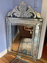 Venetian Style Mirror Etched Hanging Wall Mirror 31x50 Scrollwork Etched Glass Raised Dot Bubbles Floral