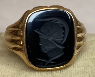 Vintage Antique Estate 10K Gold Ring Black Onyx - Intaglio - Detailed - Roman Soldier - Large Size