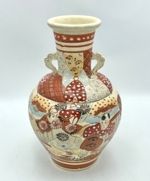 Large Vintage Japanese Satsuma Hand Painted Ceramic Vase - Signed Bottom