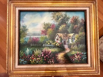 Oil On Canvas Framed Cottage Scene