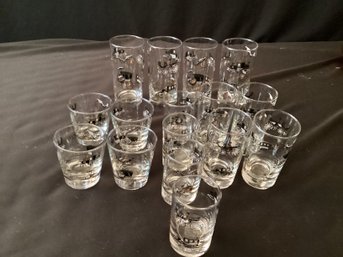 1950s Libbey  Bar Ware Transportation Glasses Carriages 16 Piece Lot