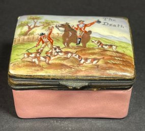 Antique Battersea Enamel Parch Box Fox Hunt W Mirror Interior