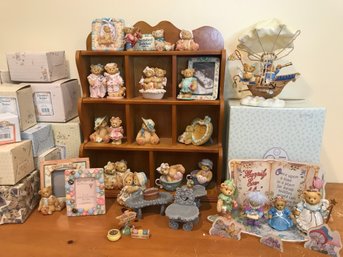 Collection Of CHERISHED TEDDIES Statues And Wooden Shelf