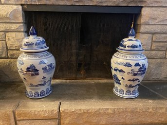 Pair Blue And White  Lidded Urns