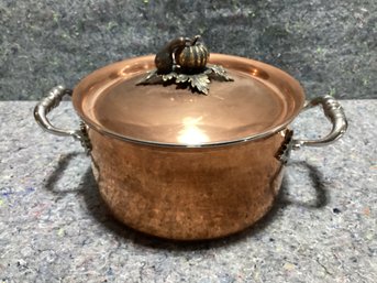 Ruffini Medium Italian Made Copper Pot With Cover Pumpkin And Gourd With Brass Leaf Decoration