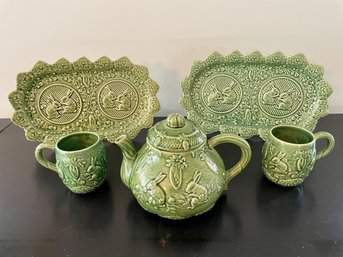 Bordallo Pinheiro Rabbit Green Sandwich Trays, Mugs & Tea Pot