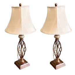 Set Of 2 Iron Twist Bronze & Marble Table Top Lamps