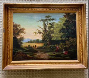 Antique Oil Painting Old World European Landscape Farm Scene 29x22.5 Gold Frame 3in Deep