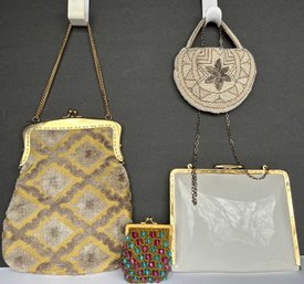 Vintage Purse Lot: Patent Leather White, Fabric Purse- Italy, Beaded Coin Purse- Italy, White Beaded Mini Bag