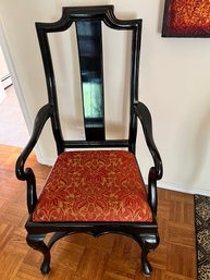 Vintage 1970's Black Lacquer Arm Chair With Red And Gold Seat Cushion