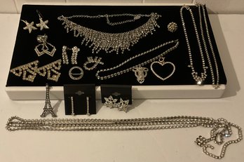 Antique, Vintage 17 Lot Of Rhinestone, Cara,  Necklace's, Earrings.