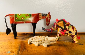 Stitched Elephant, Folk Art Donkey And Soapstone Crocodile
