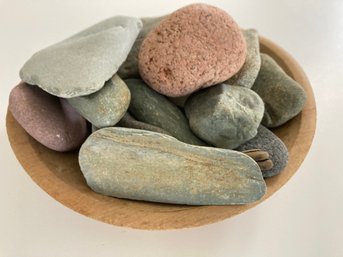 Vintage Wood Bowl With Collected Beach Stones From Brittany France