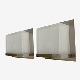 A Pair Of Polished Nickel Square Sconces - Waterworks - Frosted Glass Shades