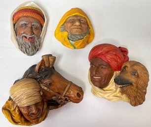 Vintage Lot Bossons & Assorted Ethnic Chalkware Heads: Fisherman, Man & Horse, Man & Dog, Old Man With Beard