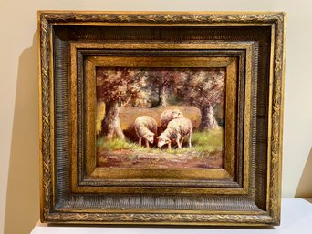 Nicely Framed Painting Of Sheep Grazing