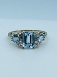 10k White Gold 3 Stone Aquamarine & Diamond Cocktail Ring
