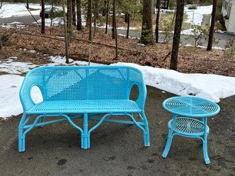 Blue Rattan Bench & Side Table