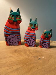 Wooden Folk Art Painted  Cat Trio