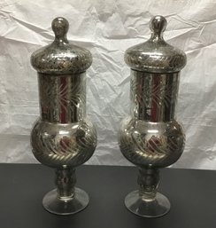 A Pair Of Beautiful Tall Etched Mercury Glass Urn Jar W/ Lid
