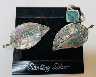Vintage Abalone & Sterling Silver - Screw Earrings - Cuernava Mexico - Leaf Shaped  & Square Ring - Size 5.5